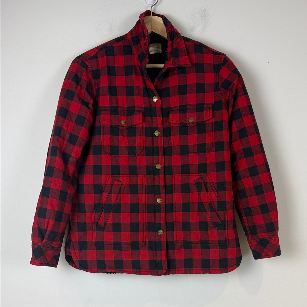 Current/Elliott The Workman Shirt Jacket in Forester Plaid Sherpa lining.